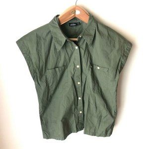 Kate Spade "Saturday" Army Green Olive Cap Sleeveless Boxy Button Down Shirt